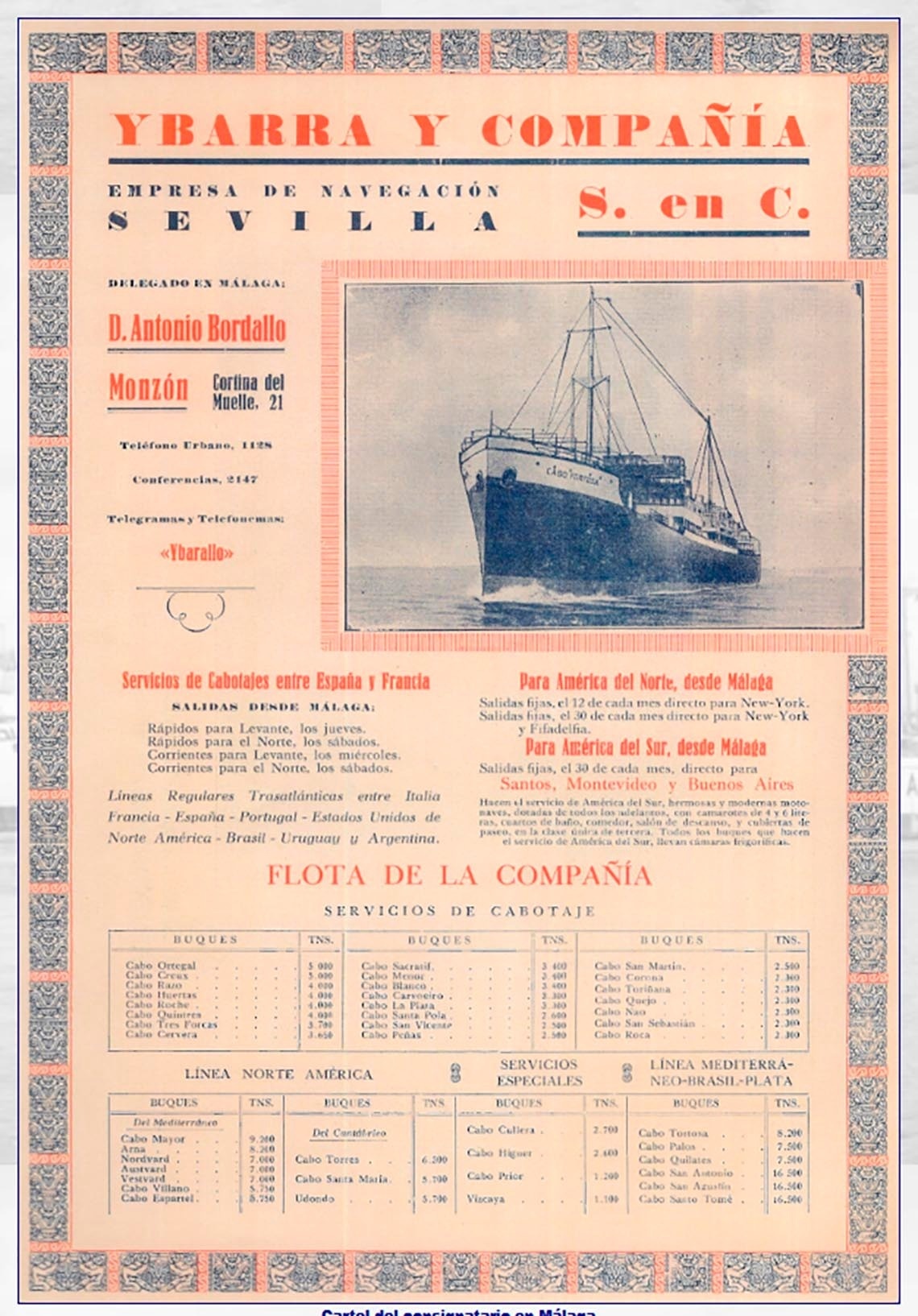 Cartel publicitario antiguo de la empresa de navegación Ybarra y Compañía de Sevilla, que detalla sus servicios, rutas y flota de buques, con la imagen de un barco.