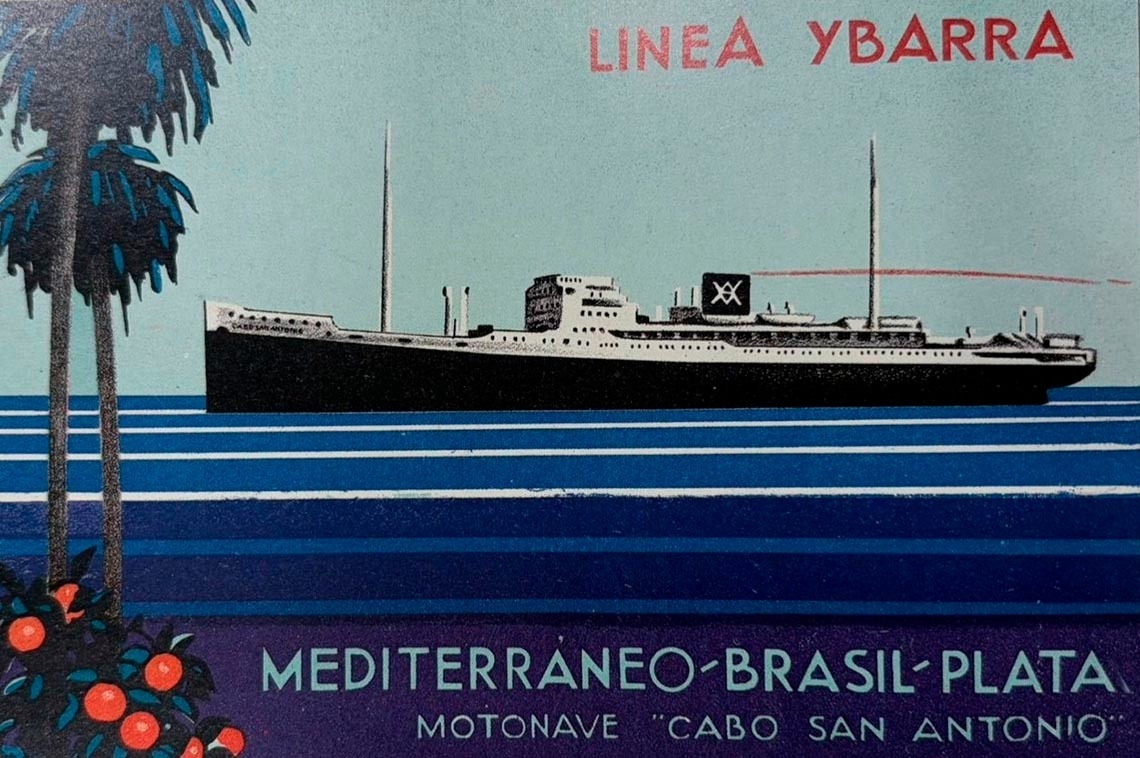 Un cartel vintage promociona la Línea Ybarra con el motonave 