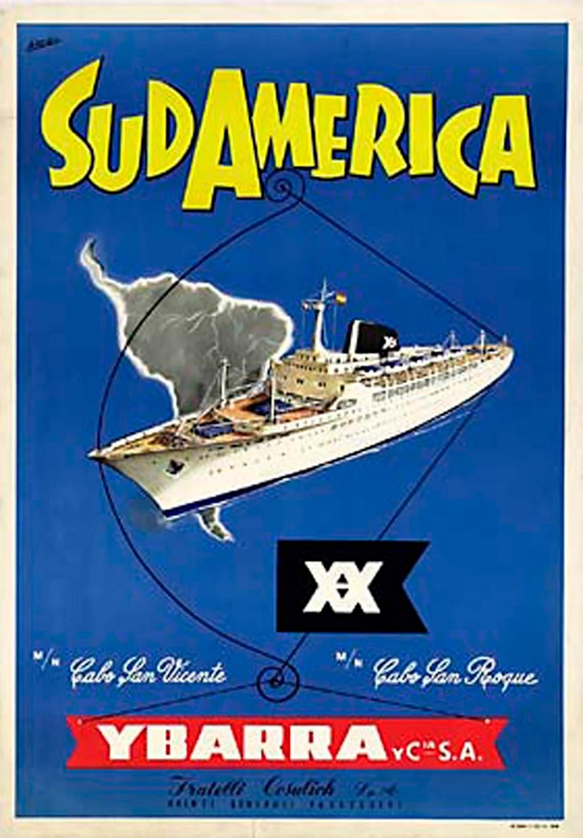 Un cartel de viaje vintage de color azul promociona rutas marítimas a Sudamérica de la compañía Ybarra Y C. S.A., mostrando un crucero y el contorno del continente.
