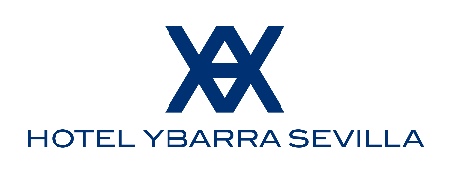 Logotipo del HOTEL YBARRA SEVILLA con un emblema abstracto azul en la parte superior.