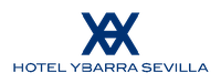 Logotipo del HOTEL YBARRA SEVILLA con un emblema abstracto azul en la parte superior.