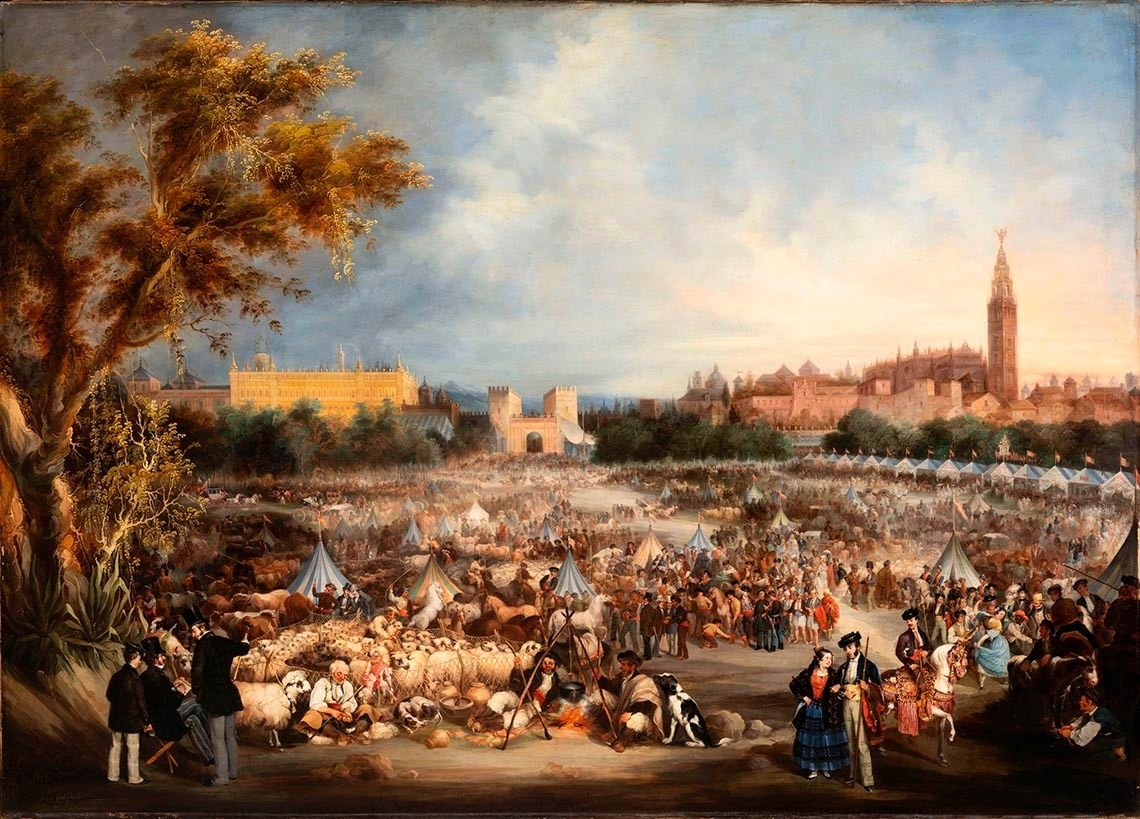 Una pintura que representa una animada feria o mercado al aire libre con una multitud de personas, animales y tiendas de campaña, con edificios históricos como la Giralda en el horizonte.