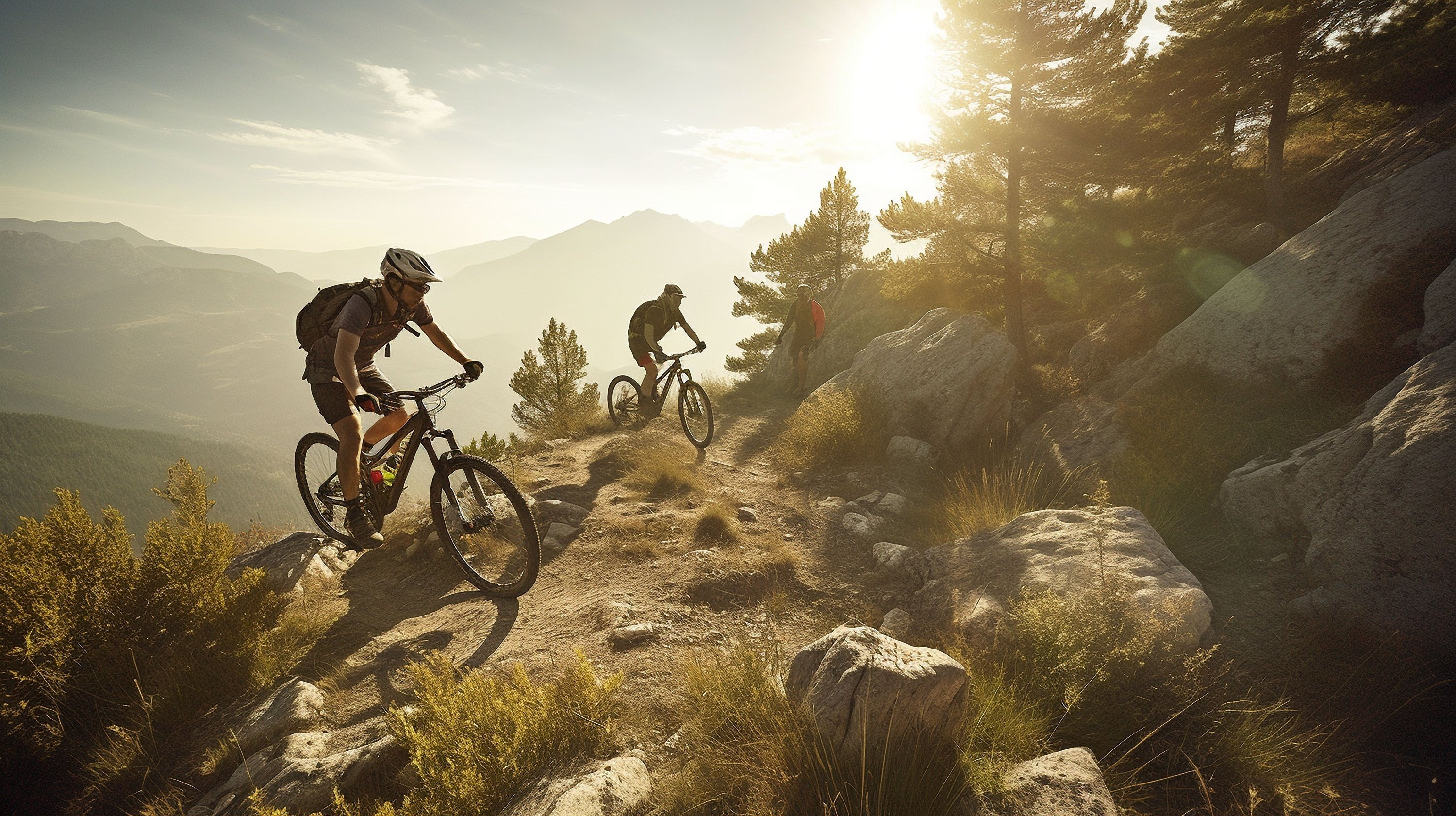 un homme fait du vélo sur une route au coucher du soleil