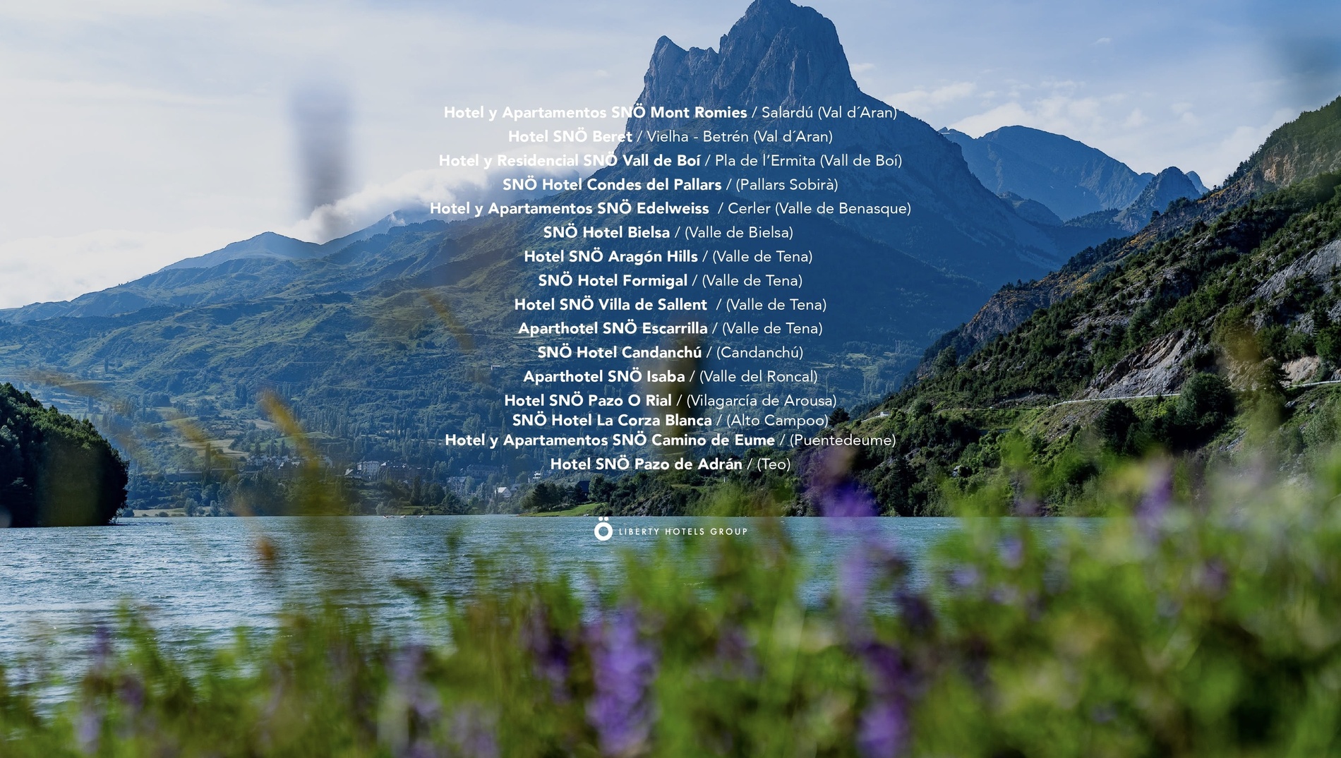 a landscape with mountains and a lake with purple flowers in the foreground
