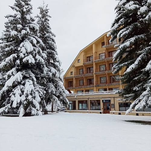 un edificio de apartamentos cubierto de nieve junto a árboles cubiertos de nieve