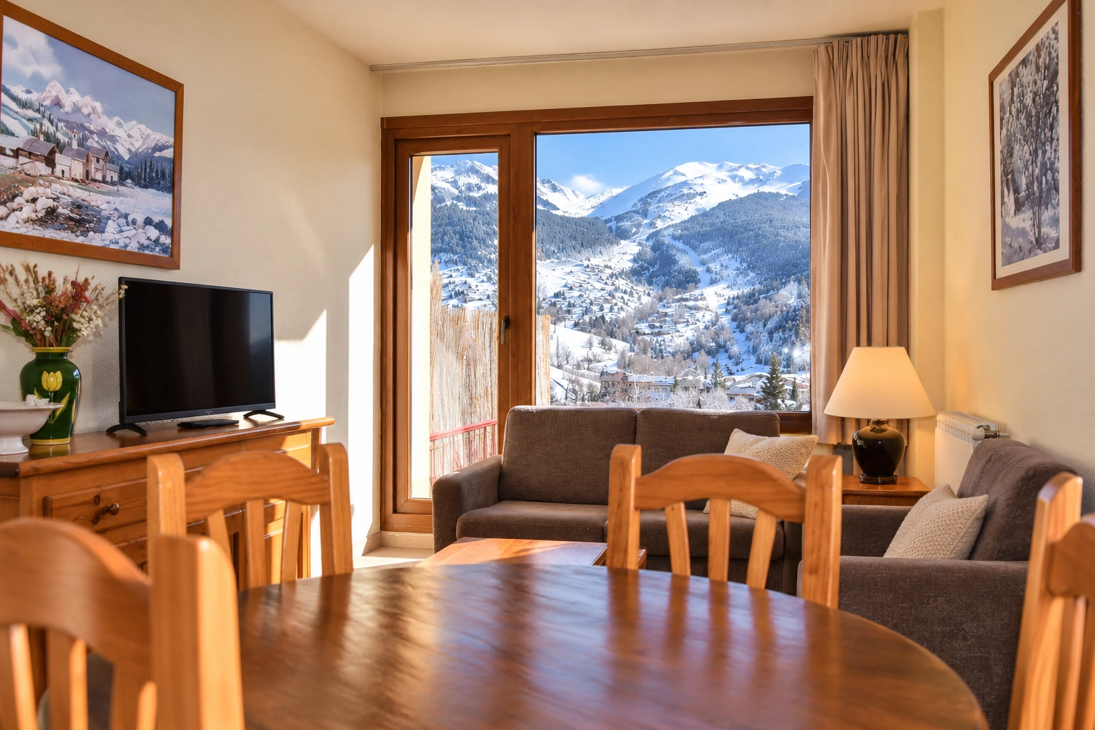 SNO: Edelweiss living room with mountain view, TV, and sofas.