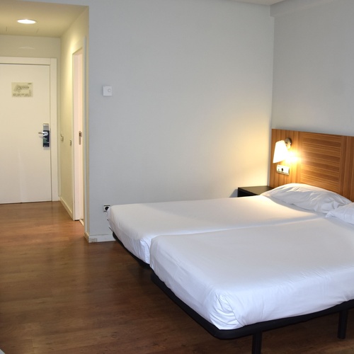 una habitación de hotel con dos camas y una televisión