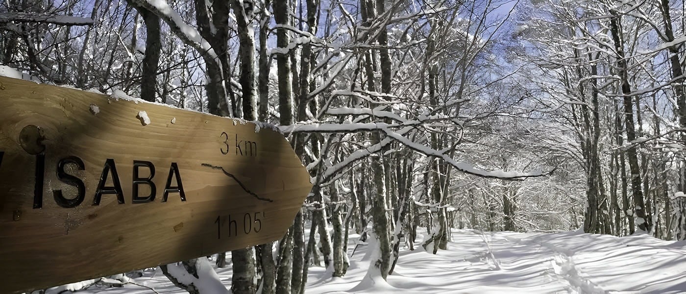 un panneau en bois pointe vers isaba dans une forêt enneigée