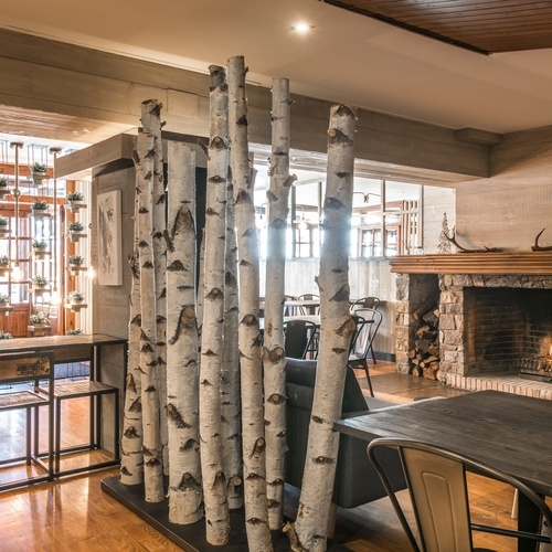 a room with a fireplace and a divider made of birch branches