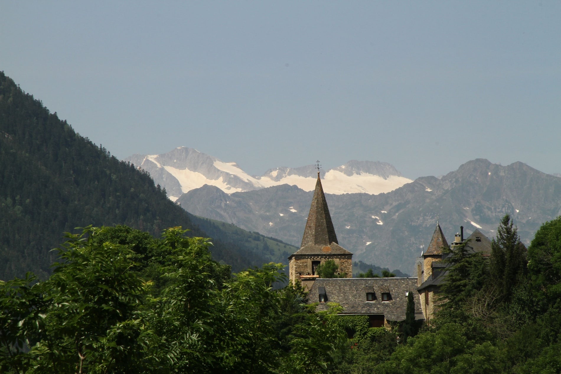 une chaîne de montagnes couvertes de neige avec une forêt au premier plan