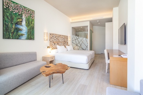 a hotel room with a bed and a couch