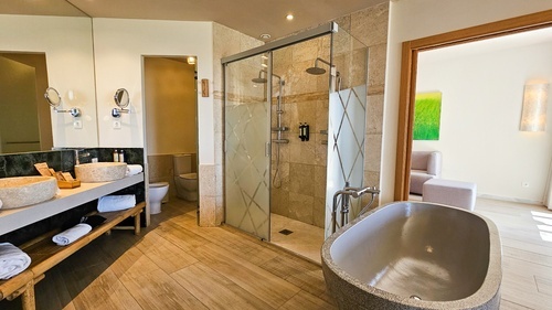 a bathroom with a bathtub and a walk in shower