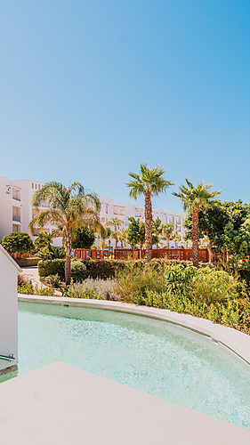 Luxury resort pool and palm trees with white hotel buildings in the background, ideal for your Qhotels: Zahara Beach & SPA getaway.