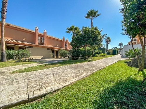 a walkway leading to a building with palm trees