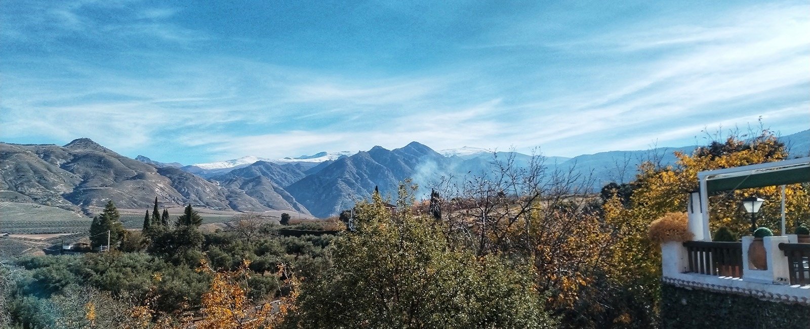a balcony overlooking a mountain range with trees in the foreground
