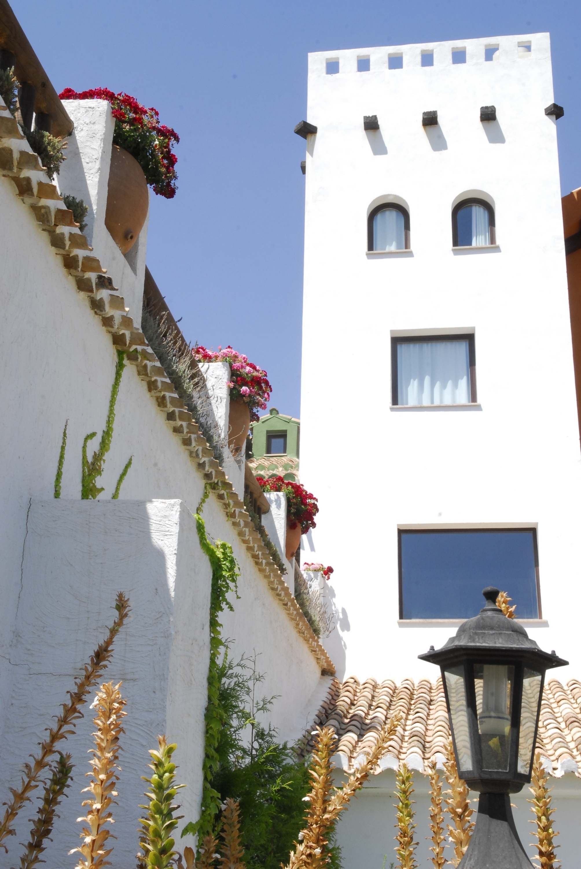 a white building with arched windows and flowers on the side