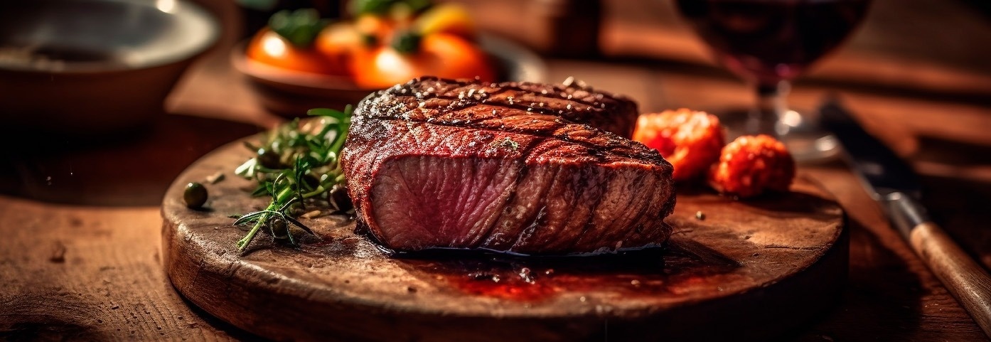 un bistec está sobre una tabla de cortar de madera