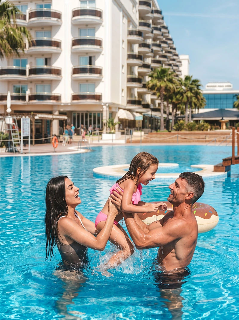 Familia feliz disfrutando de la piscina en ZT Hotels.