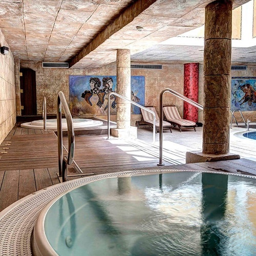 un jacuzzi y una piscina en un spa con una pintura de caballos en las paredes