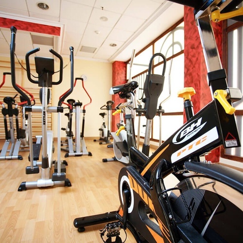 una bicicleta de ejercicio bh está sentada en un gimnasio