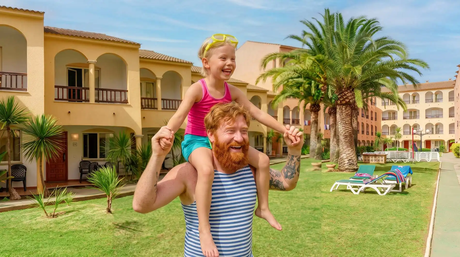 Familia feliz chapoteando en la piscina del hotel ZT Hotels con flamenco inflable.