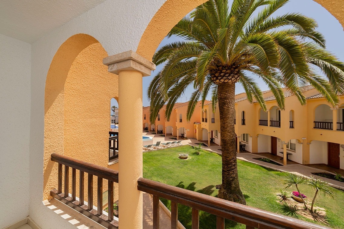una palmera está en el patio de un edificio amarillo