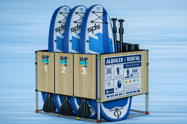 Three blue and white stand-up paddleboards are neatly stored in a wooden and metal rental rack, with paddles and rental instructions visible on the side.