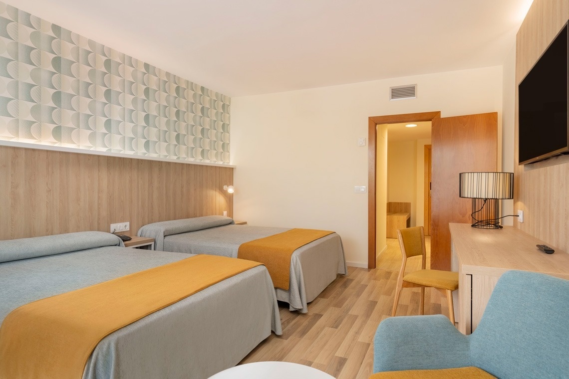 una habitación de hotel con dos camas y una televisión